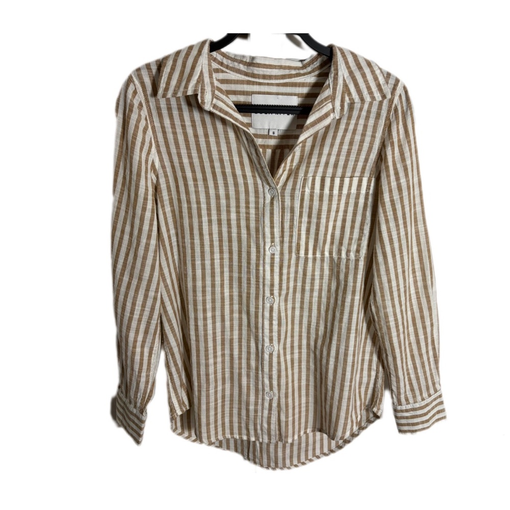 Lola River Anthropologie Women’s SZ S Button Down Blouse Long Sleeve Tan& White